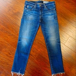 AG The Prima Crop Raw Hem cigarette crop blue jeans